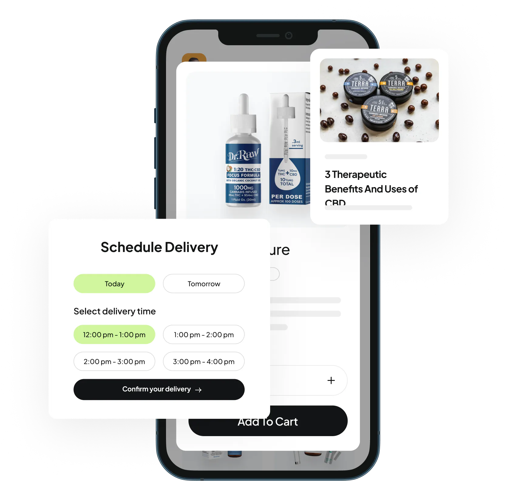 A visualization of a purchase for a dispensary - with a schedule delivery page and several products available - tymber + treez integration