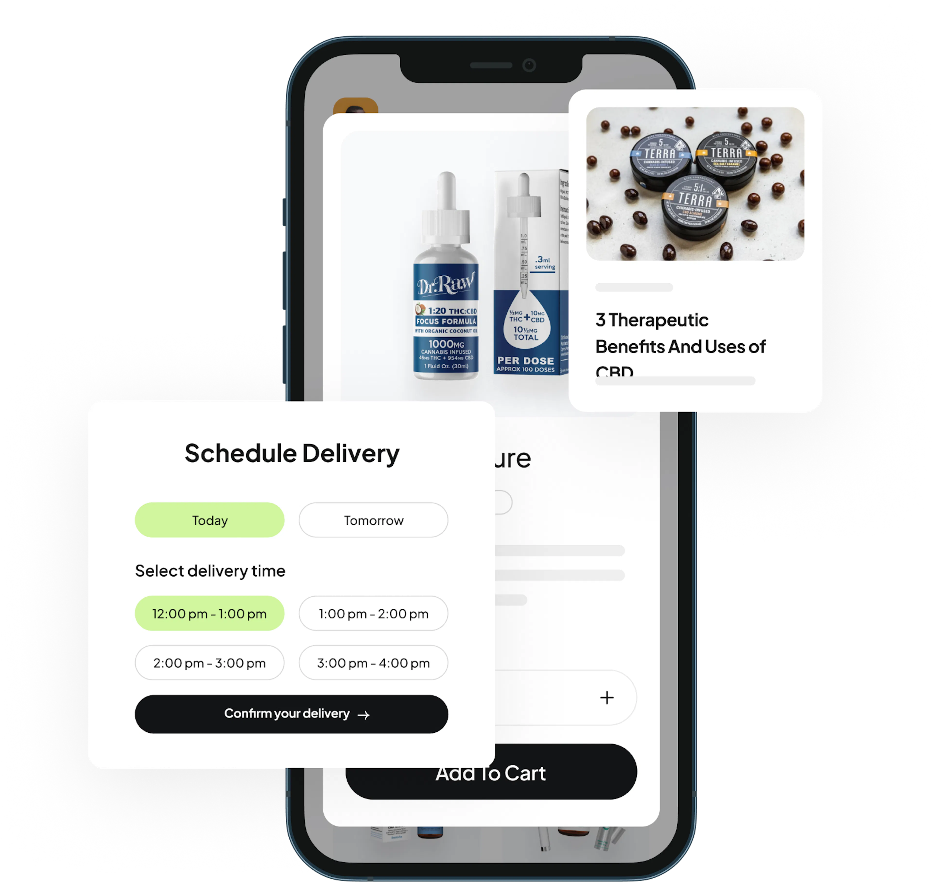 A visualization of a purchase for a dispensary - with a schedule delivery page and several products available - tymber + treez integration