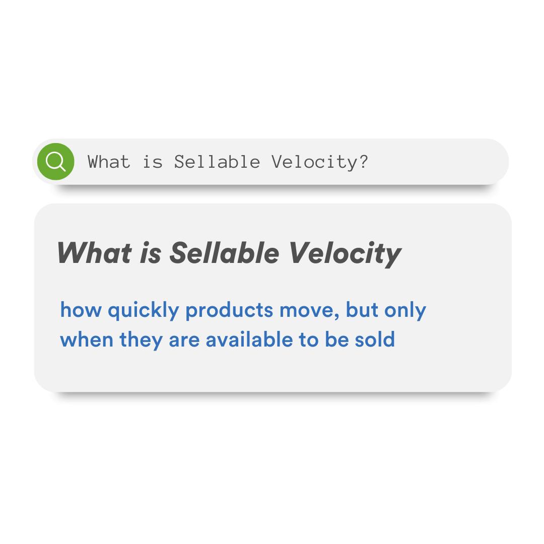 A search bar illustration shows the phrase "what is sellable velocity" the definition graphic shows "What is Sellable Velocity - how quickly products move, but only when they are available to be sold"