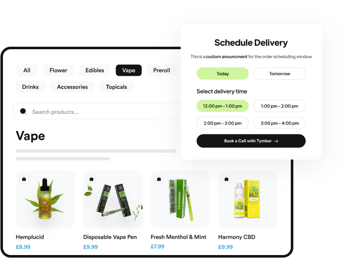 Schedule delivery visualization for cannveya is shown with vapes displayed and a delivery time for today