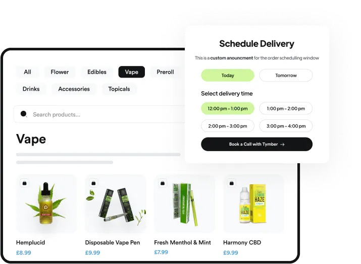 Schedule delivery visualization for cannveya is shown with vapes displayed and a delivery time for today