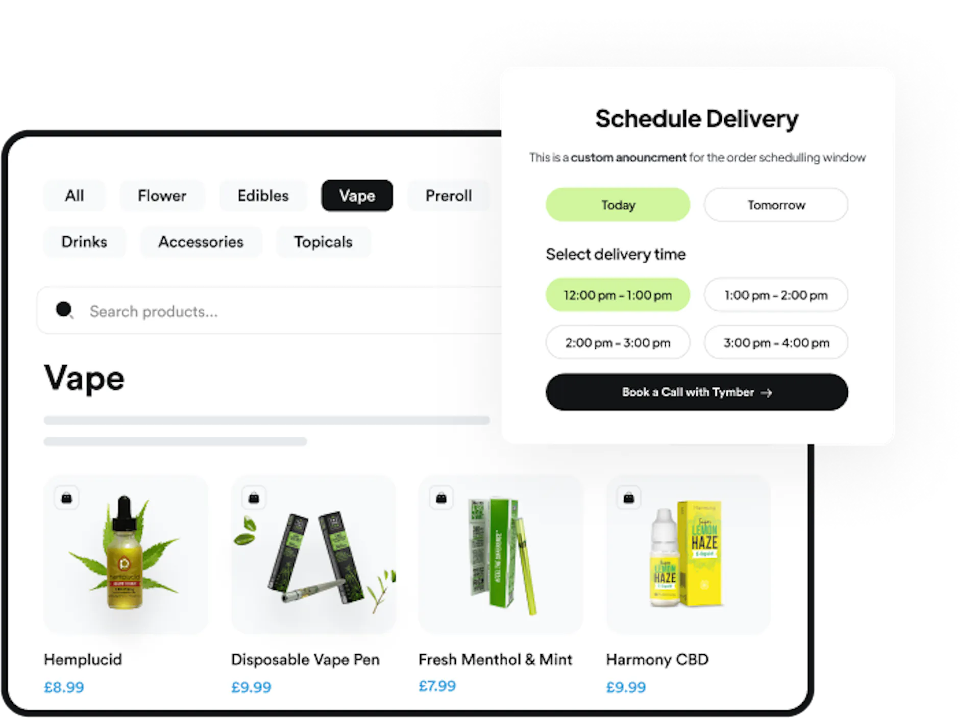 Schedule delivery visualization for cannveya is shown with vapes displayed and a delivery time for today