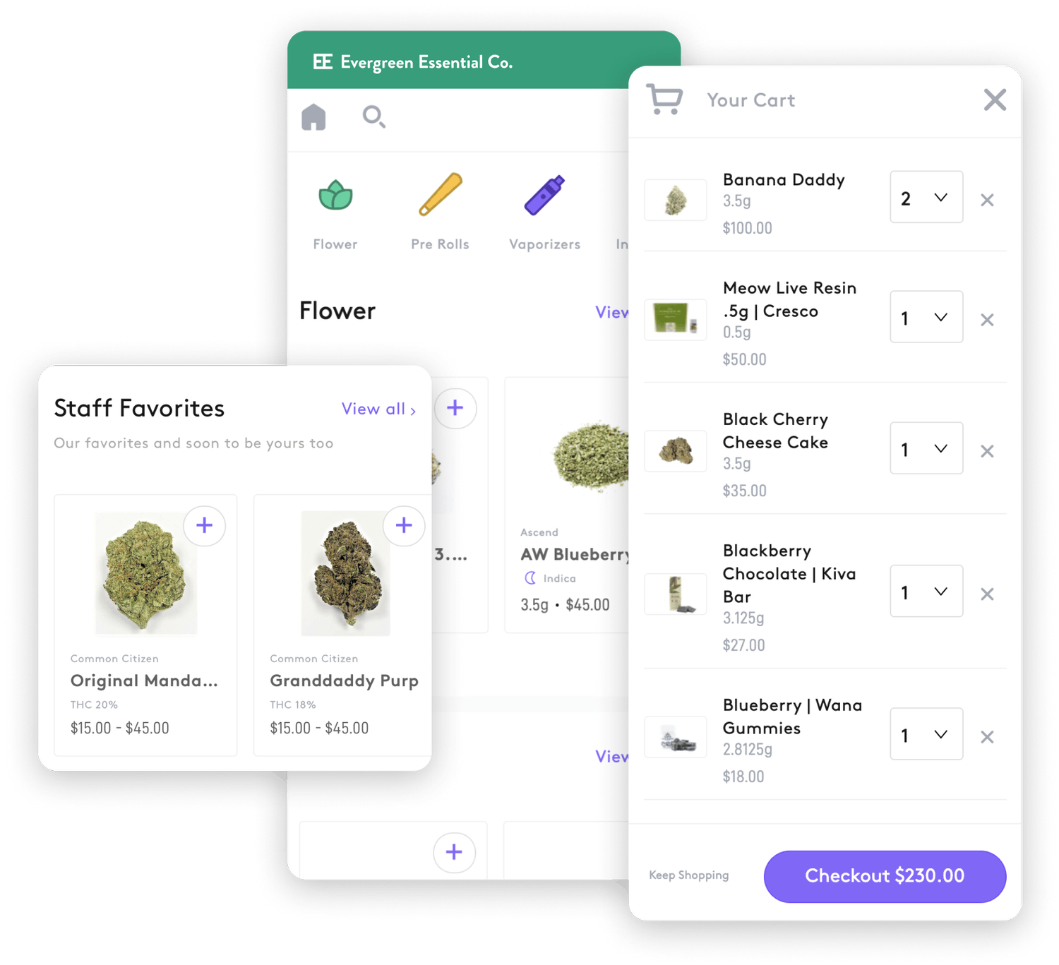 Stylized screen captures of a dispense e-commerce minute, including cannabis product type, a shopping card full of cannabis flower, live resin vape cartridges, cannabis chocolate bars and Wana brand cannabis gummies. The cart is worth $230.