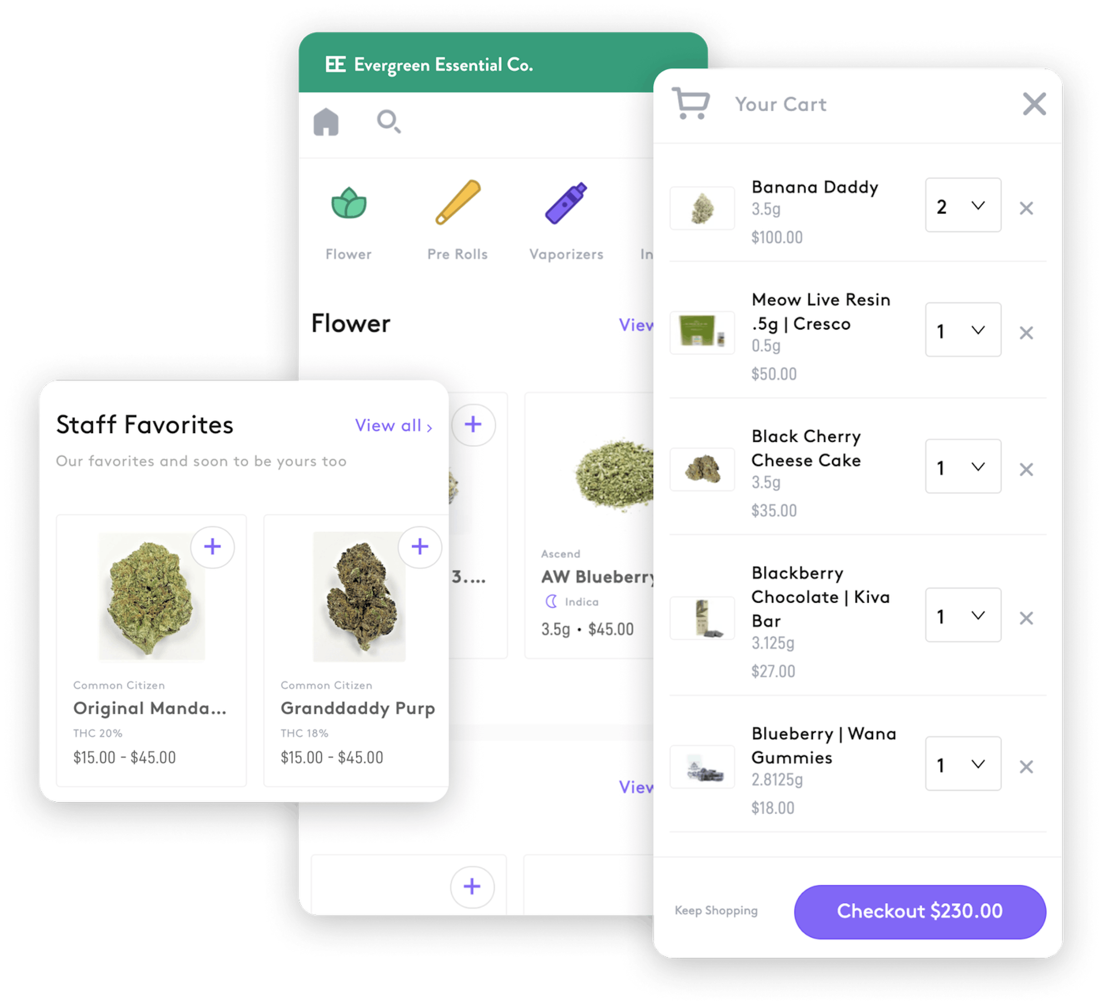 Stylized screen captures of a dispense e-commerce minute, including cannabis product type, a shopping card full of cannabis flower, live resin vape cartridges, cannabis chocolate bars and Wana brand cannabis gummies. The cart is worth $230. 