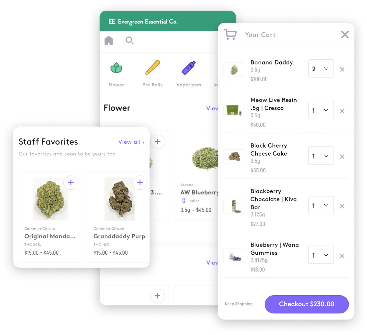 Stylized screen captures of a dispense e-commerce minute, including cannabis product type, a shopping card full of cannabis flower, live resin vape cartridges, cannabis chocolate bars and Wana brand cannabis gummies. The cart is worth $230.