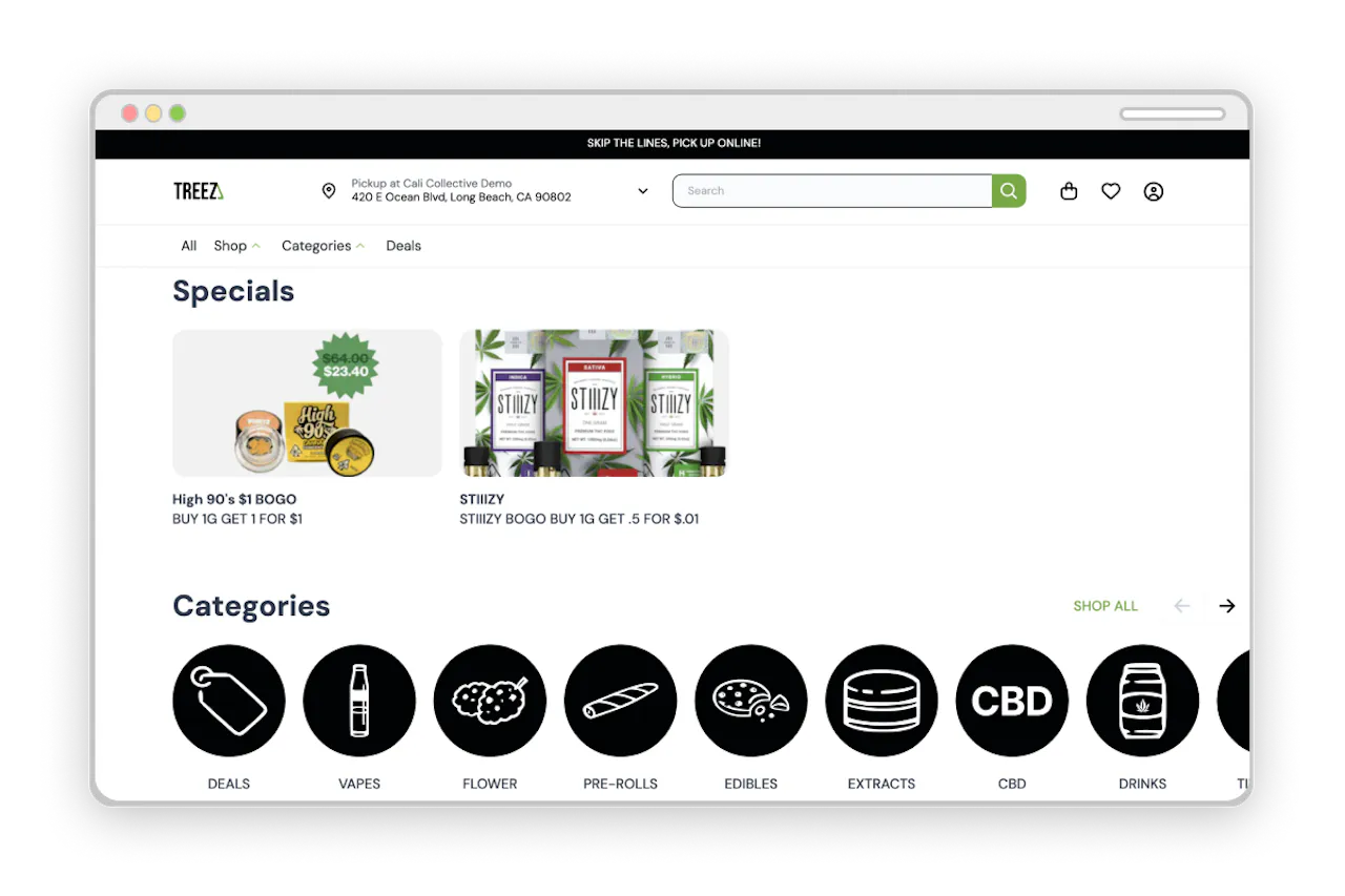 Treez Ecommerce home page, featuring this week's special promotions and links to each product category page