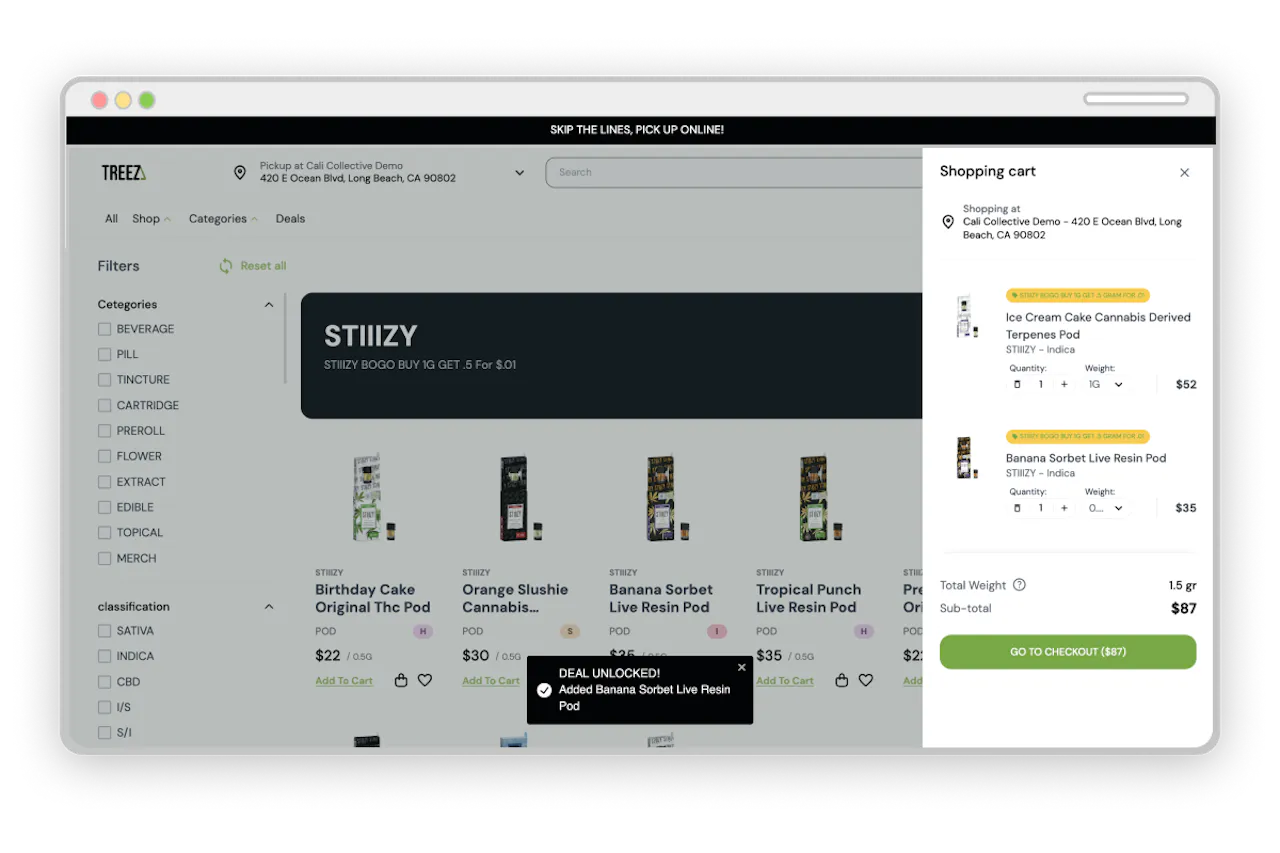 Treez Ecommerce featuring a Stiiizy Buy-One-Get-One special, which prompts customers to complete the bundle to get the deal.