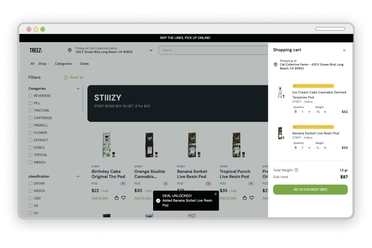 Treez Ecommerce featuring a Stiiizy Buy-One-Get-One special, which prompts customers to complete the bundle to get the deal.