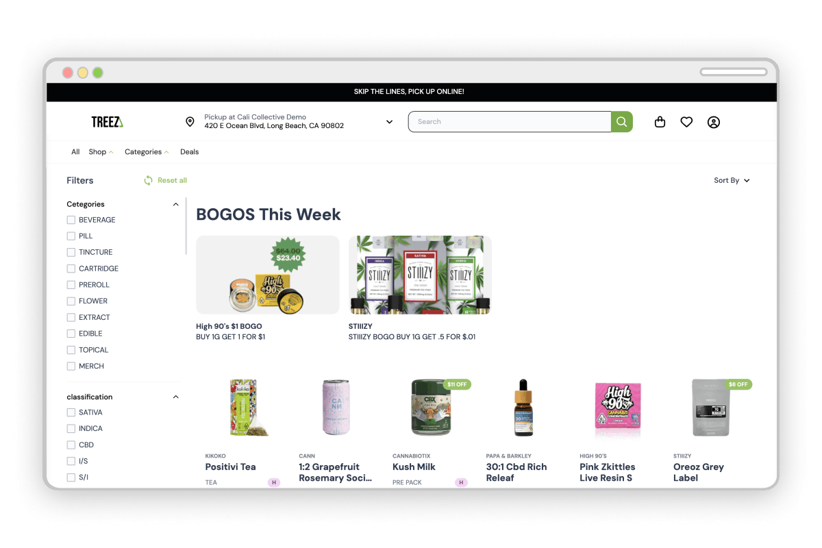Treez Ecommerce Shop All page, featuring this week's Buy-One-Get-One deals and additional products