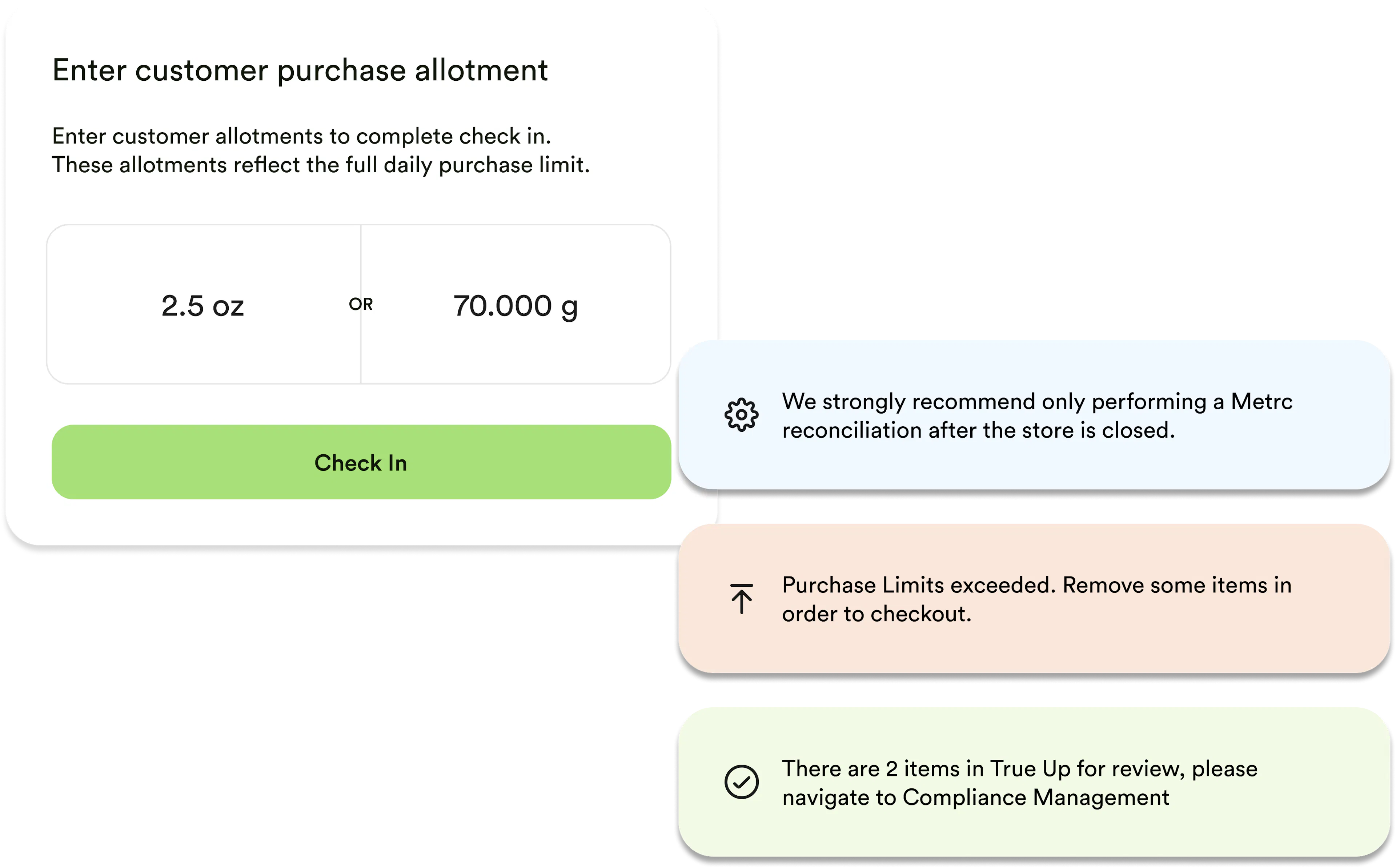 A compliance screenshot is shown - the purchase allotment appears to indicate that the purchase limits for this customer have been exceeded and they will need to remove some items before checkout in order to remain in compliance