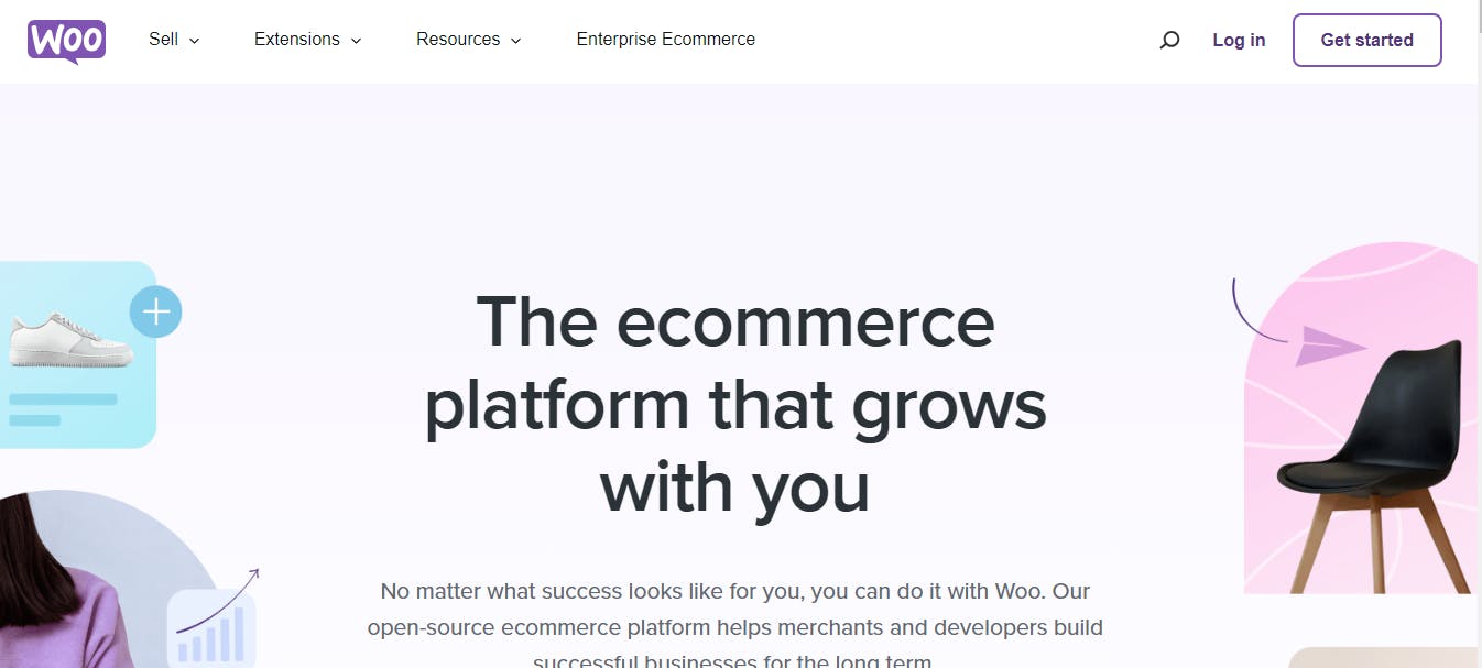 A screenshot of the Woo website is displayed, with the words The ecommerce platform that grows with you