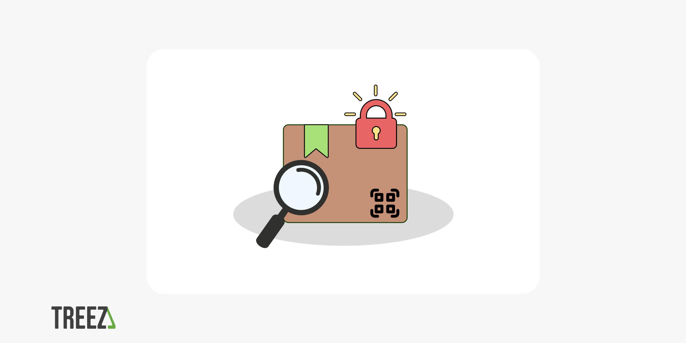 A illustration shows a box, assumed to contain cannabis products, with a shiny lock and a magnifying glass on top of it. Also on the box are a green ribbon and a QR code. The logo for Treez, a cannabis point of sale and cashless payments provider is shown.