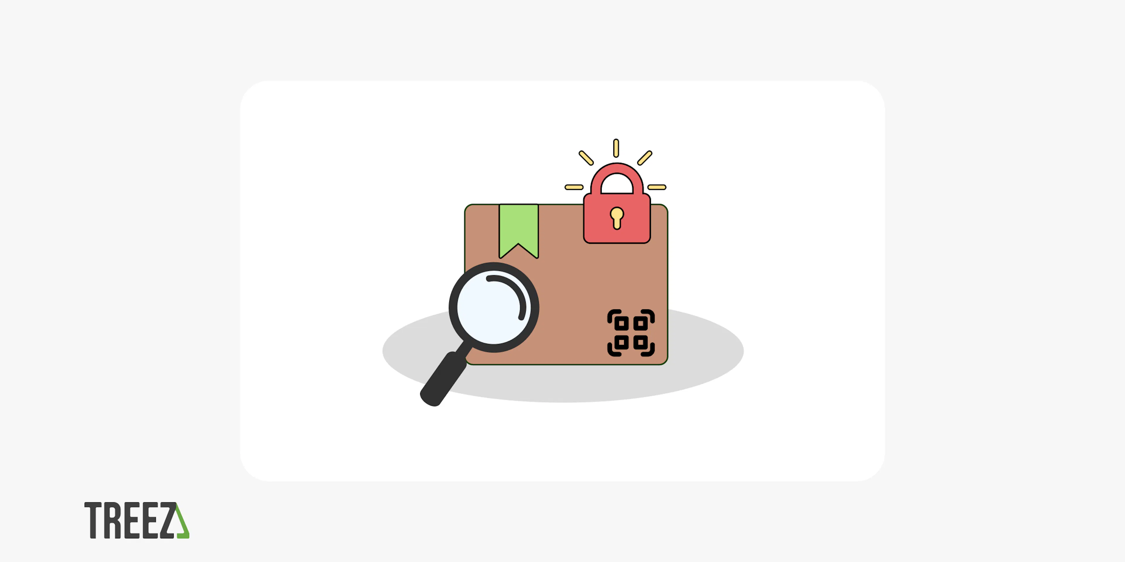 A illustration shows a box, assumed to contain cannabis products, with a shiny lock and a magnifying glass on top of it. Also on the box are a green ribbon and a QR code. The logo for Treez, a cannabis point of sale and cashless payments provider is shown.