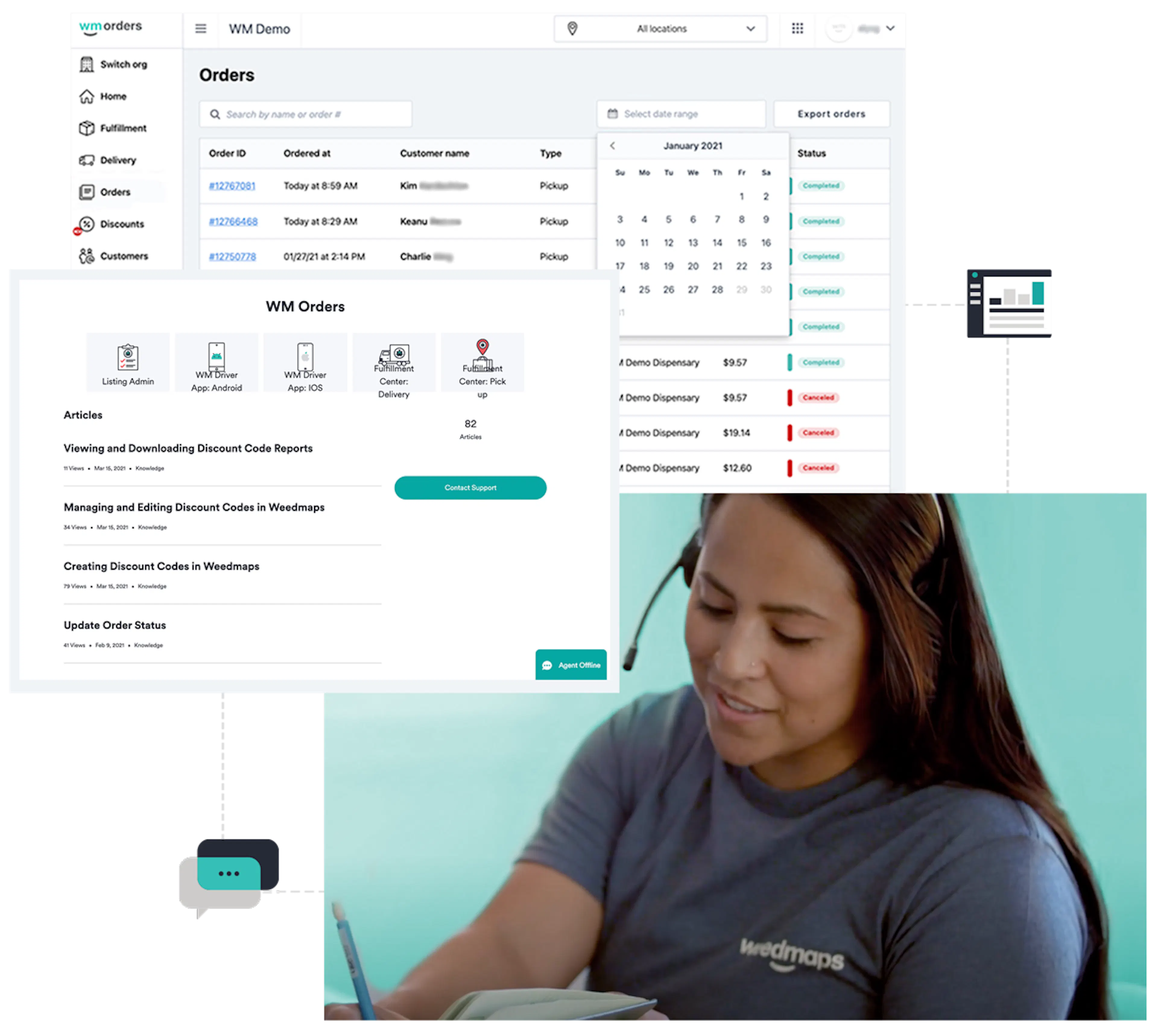 A support staff with a phone headset and a weedmaps shirt is seen helping a client by phone, above them hover visualizations of WM Orders support articles and a demo environment with Orders, Fulfillment, Delivery, Discounts, etc.