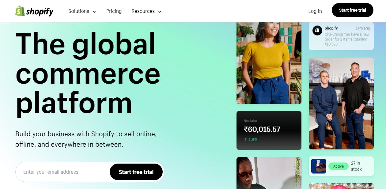 A screenshot of the Shopify website is displayed, with the words The global commerce platform and images of smiling business people surrounded by text displaying money and items in stock