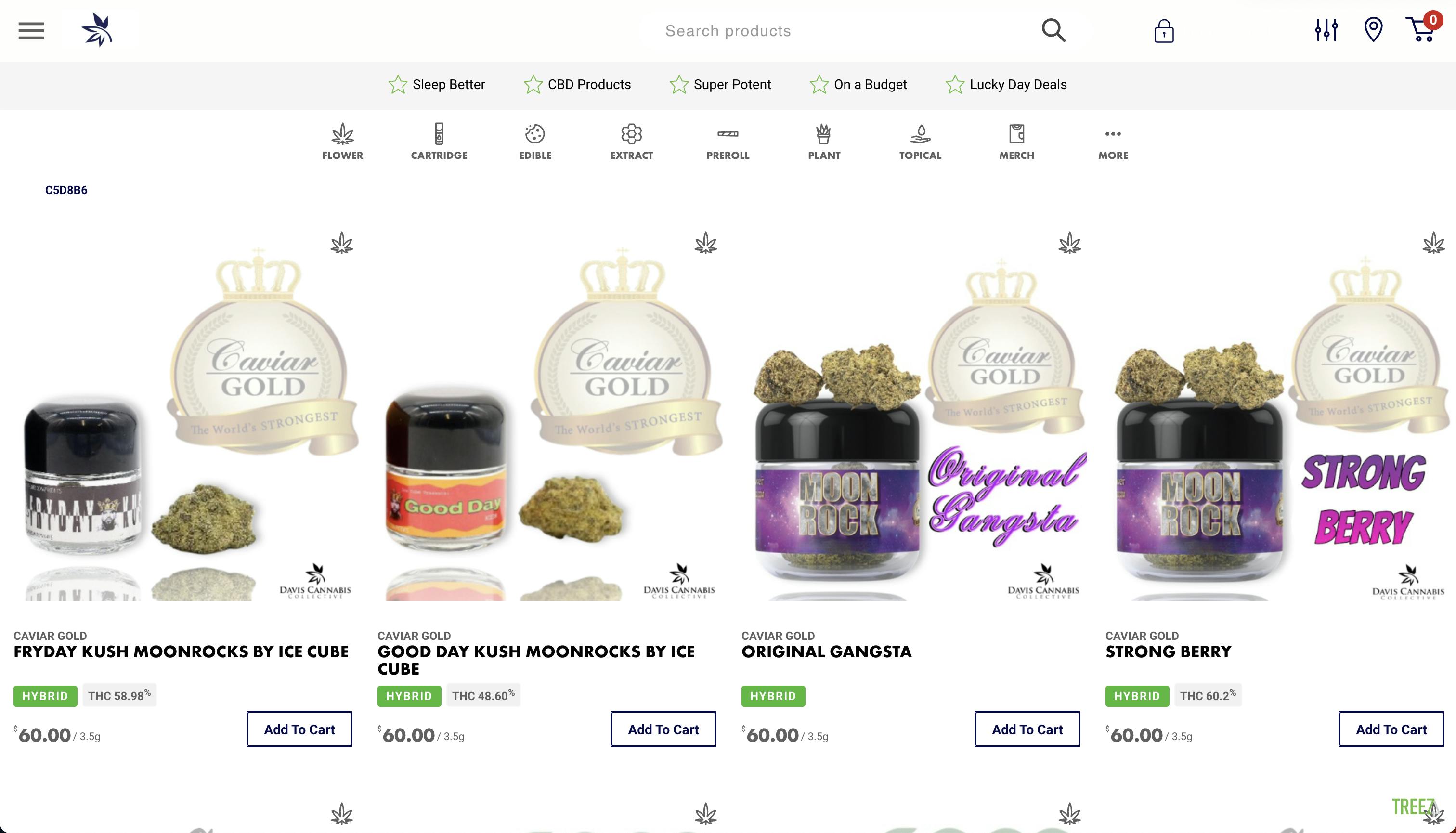 A screenshot of a Treez ecomm site for Davis Cannabis Club - three or four items of cannabis on sale plus icons for several different types of cannabis products are displayed
