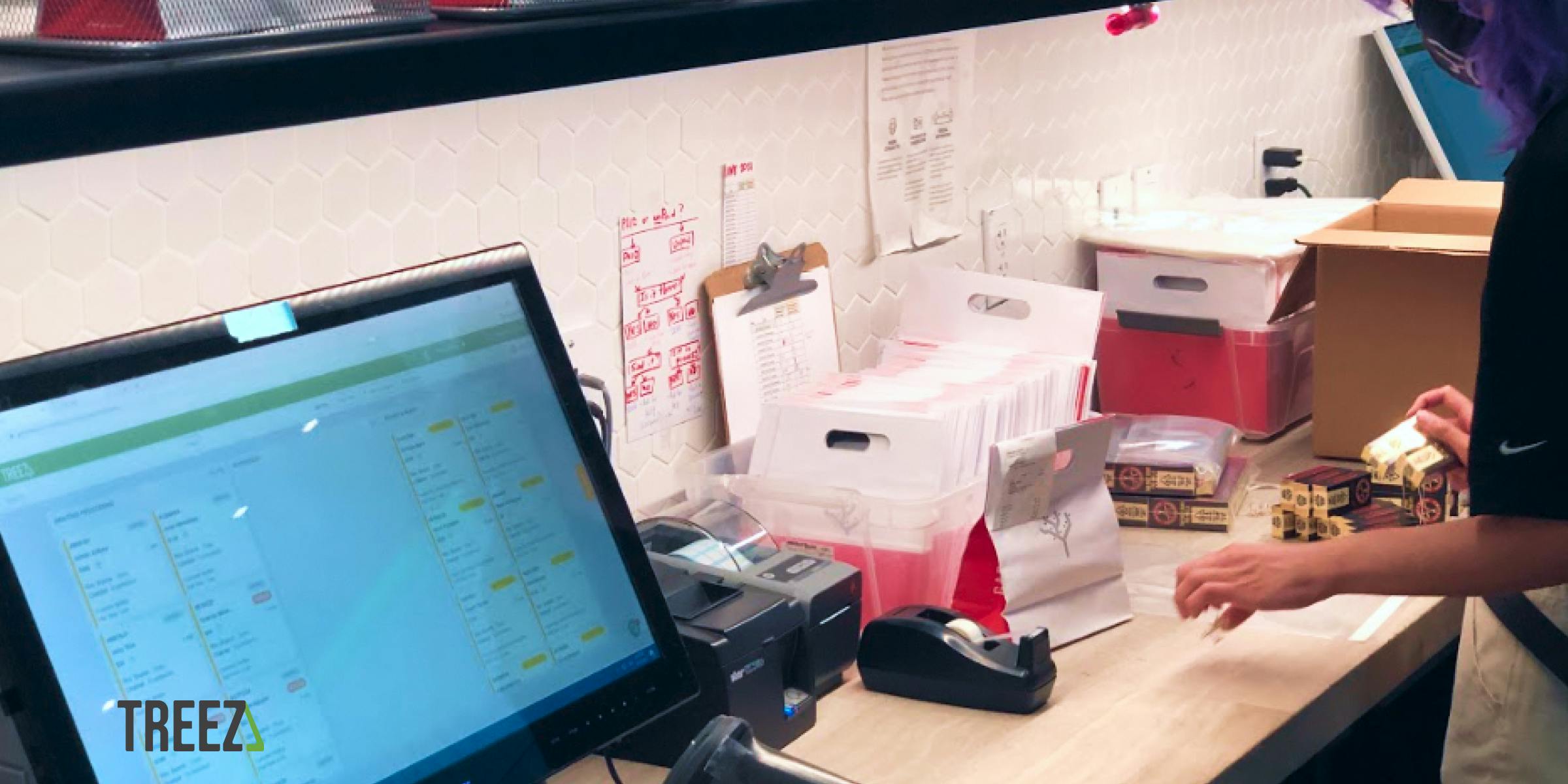 A person does an inventory count on products inside the back of house at a dispensary. They utilize Treez Inventory Management screen as well as a manual count