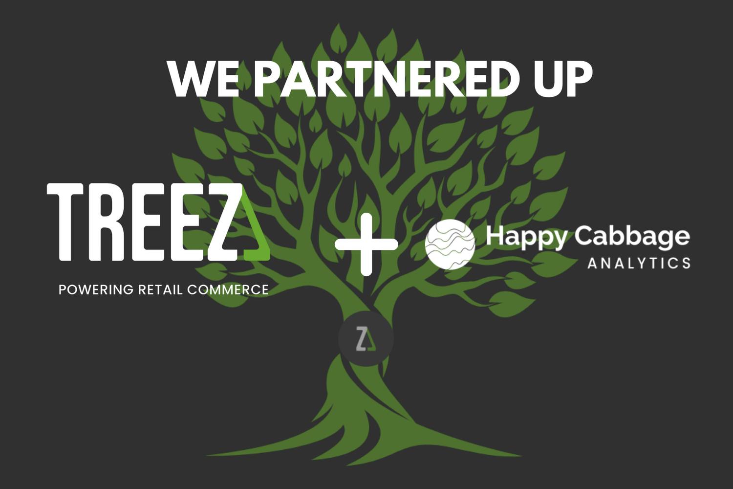 A swirling tree is behind two logos - one is the Treez, white and green with the enterprise platform of the cannabis industry and the next is a stylized head of cabbage and the wordmark Happy Cabbage Analytics. The image reads "We partnered up"