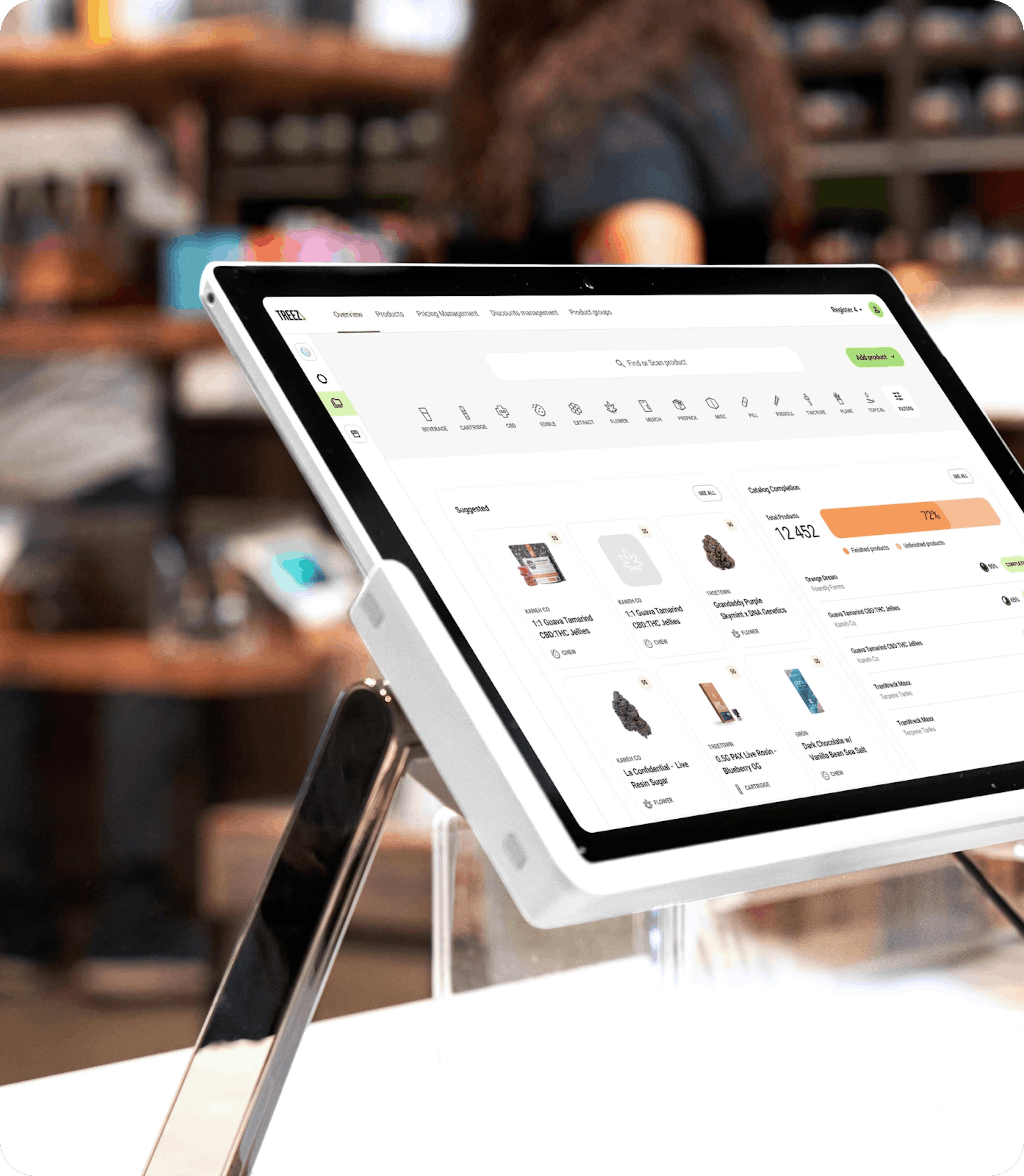 A visual of a product management screen on a point of sale system - products like flower, gummies, and carts are shown, as well as visualizations to understand home much inventory is accounted for and how much is sold out and complete.