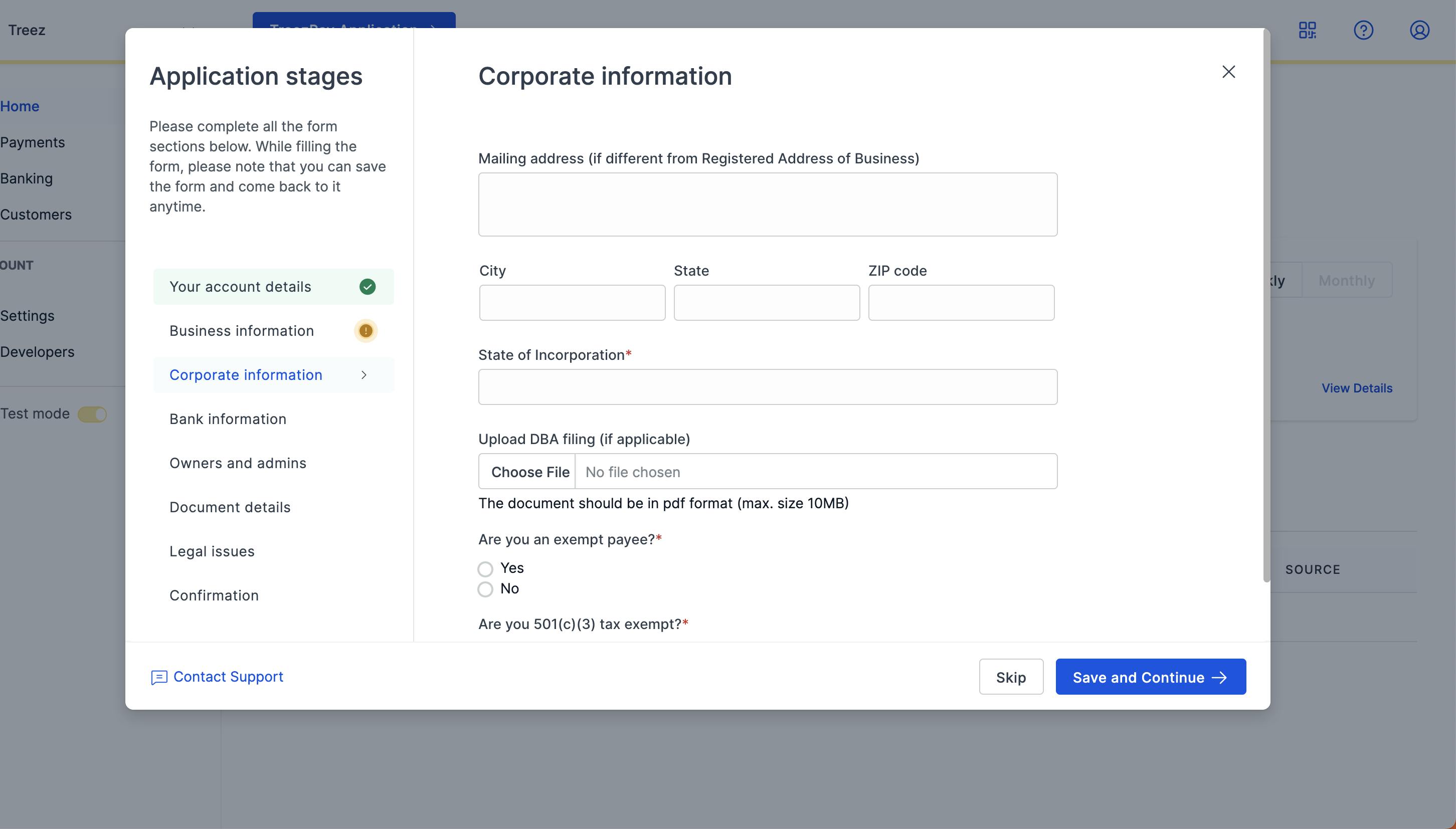 Application Screenshot of TreezPay One Application shows Business information, corporate information, bank information, owners and admins and more fields to fill out