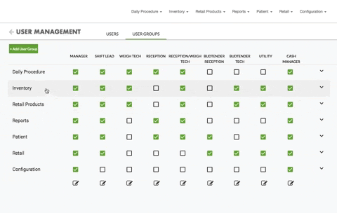 A gif of the User Management screen in SellTreez displays a set of checkboxes - Daily Procedures, Inventory, Retail Products, Reports, Patient, Retail and Configuration