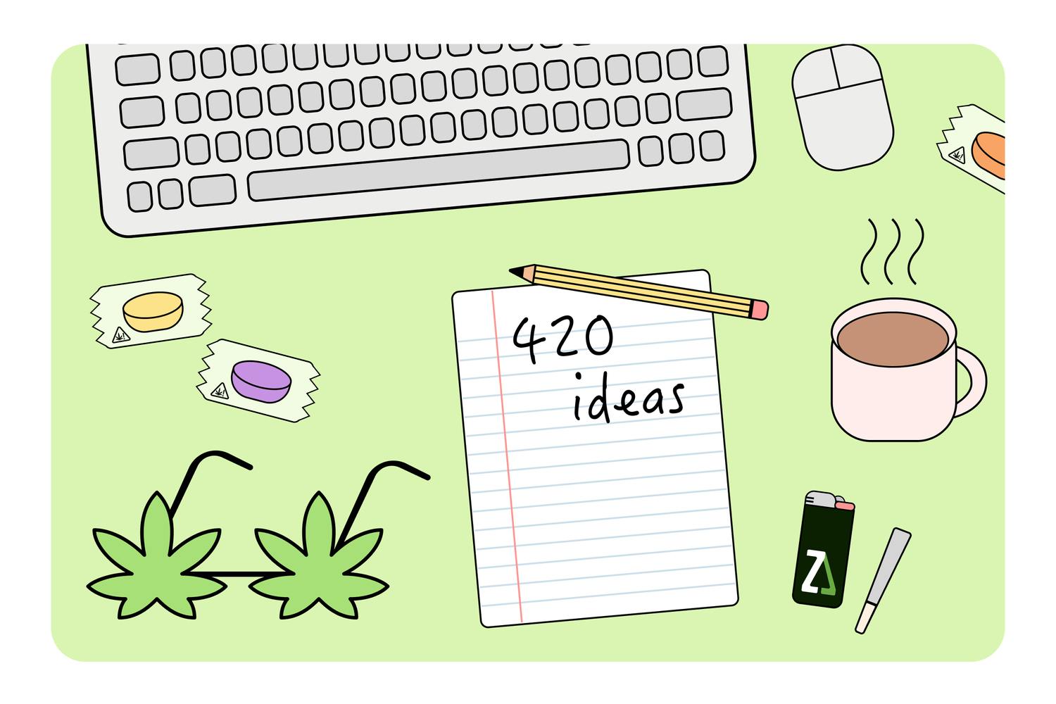An illustration shows the desk of a cannabis retailer - a Treez logo lighter and preroll, coffee, novelty glasses, edibles and a notebook with the words "420 ideas" written on it lay on the desk, alongside a computer and mouse