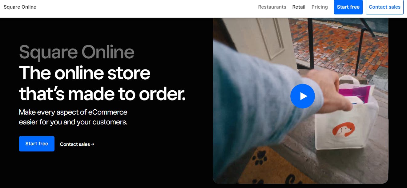 A screenshot of the Square website is displayed, with the words Square Online: the online store that's made to order