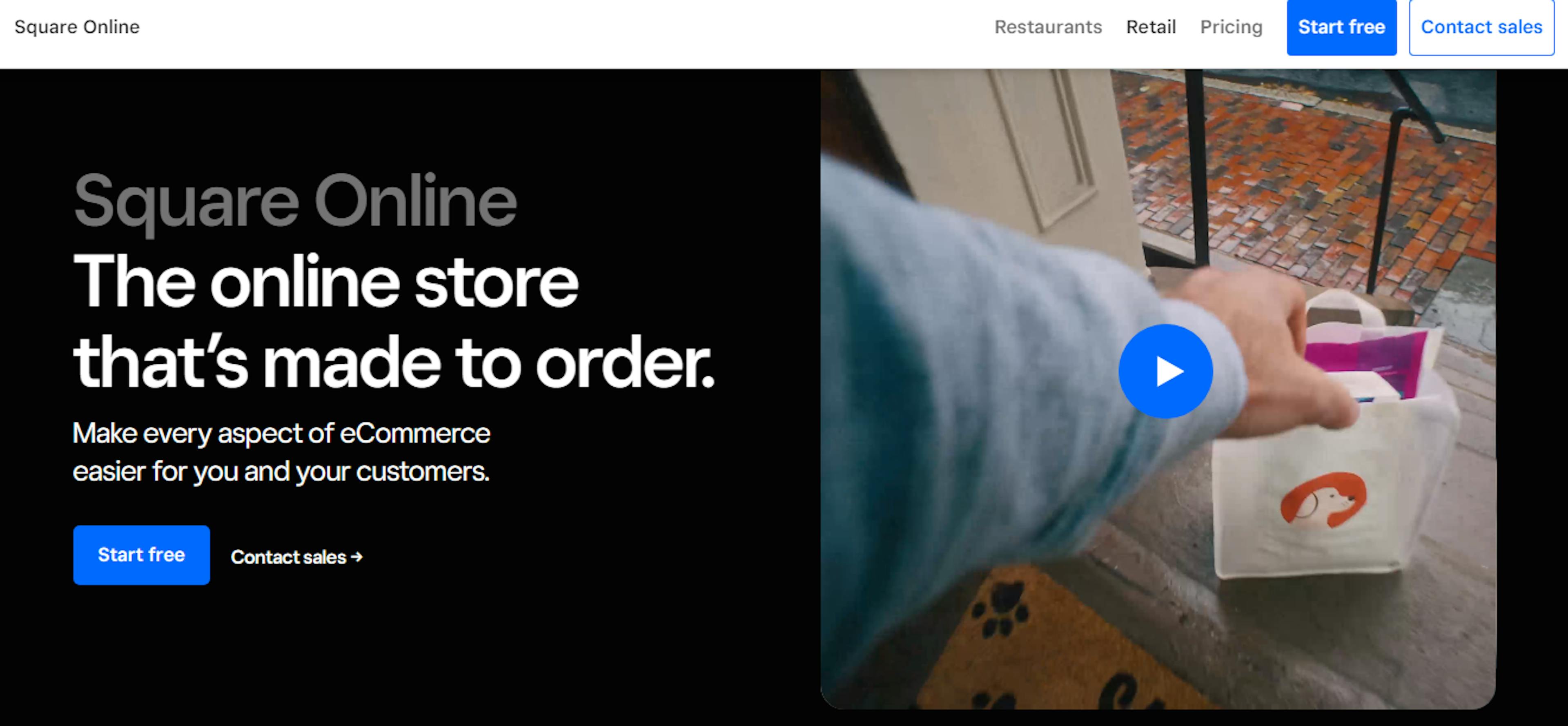 A screenshot of the Square website is displayed, with the words Square Online: the online store that's made to order