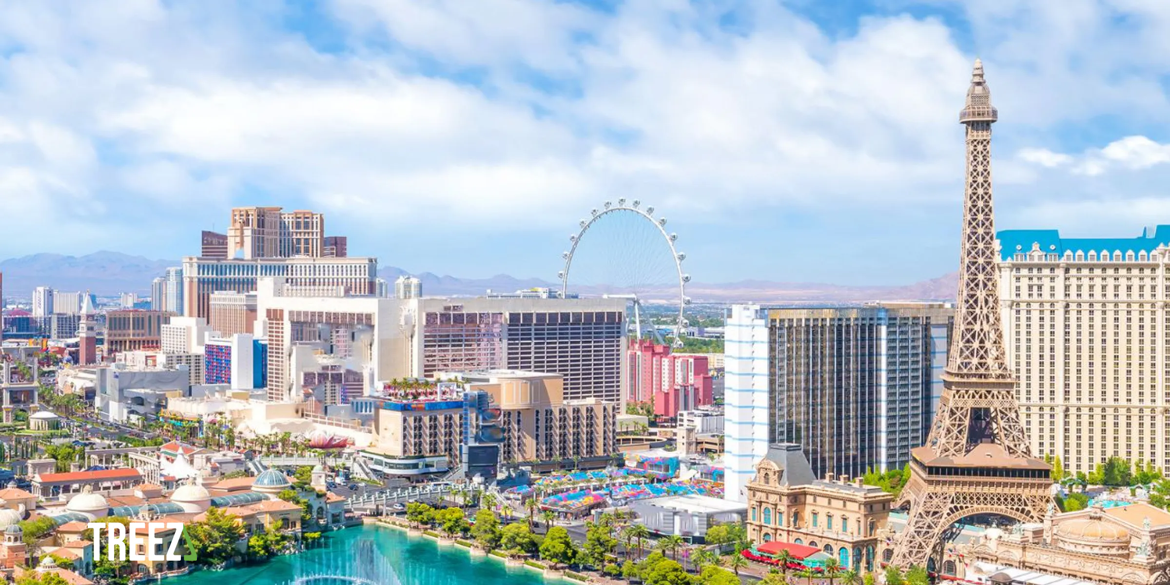 A panoramic view of the Las Vegas skyline, showcasing prominent landmarks such as the Eiffel Tower replica, with the word 'TREEZ' emphasized in the foreground. A representation of the fusion of Nevada's entertainment capital and the burgeoning cannabis industry.