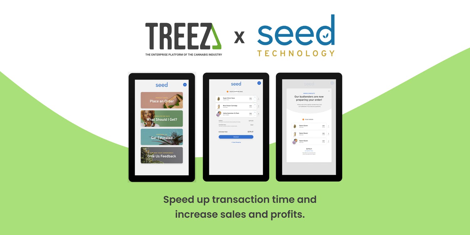 Treez and Seed Technology logos display over three tablet screens, showing shopping screens, checkout screens, and a screen showing that a customer's order is being prepared by the budtenders