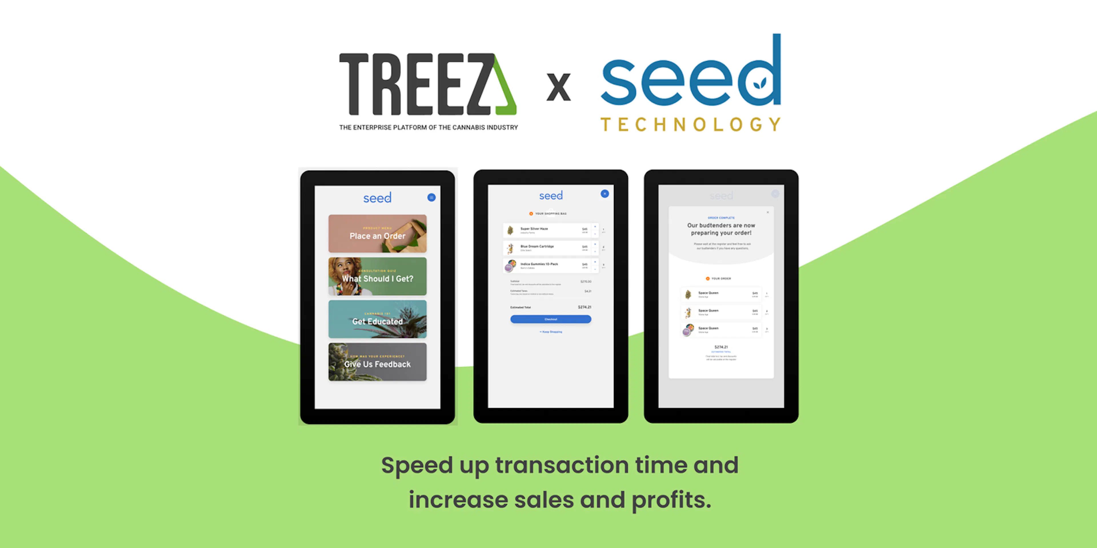 Treez and Seed Technology logos display over three tablet screens, showing shopping screens, checkout screens, and a screen showing that a customer's order is being prepared by the budtenders