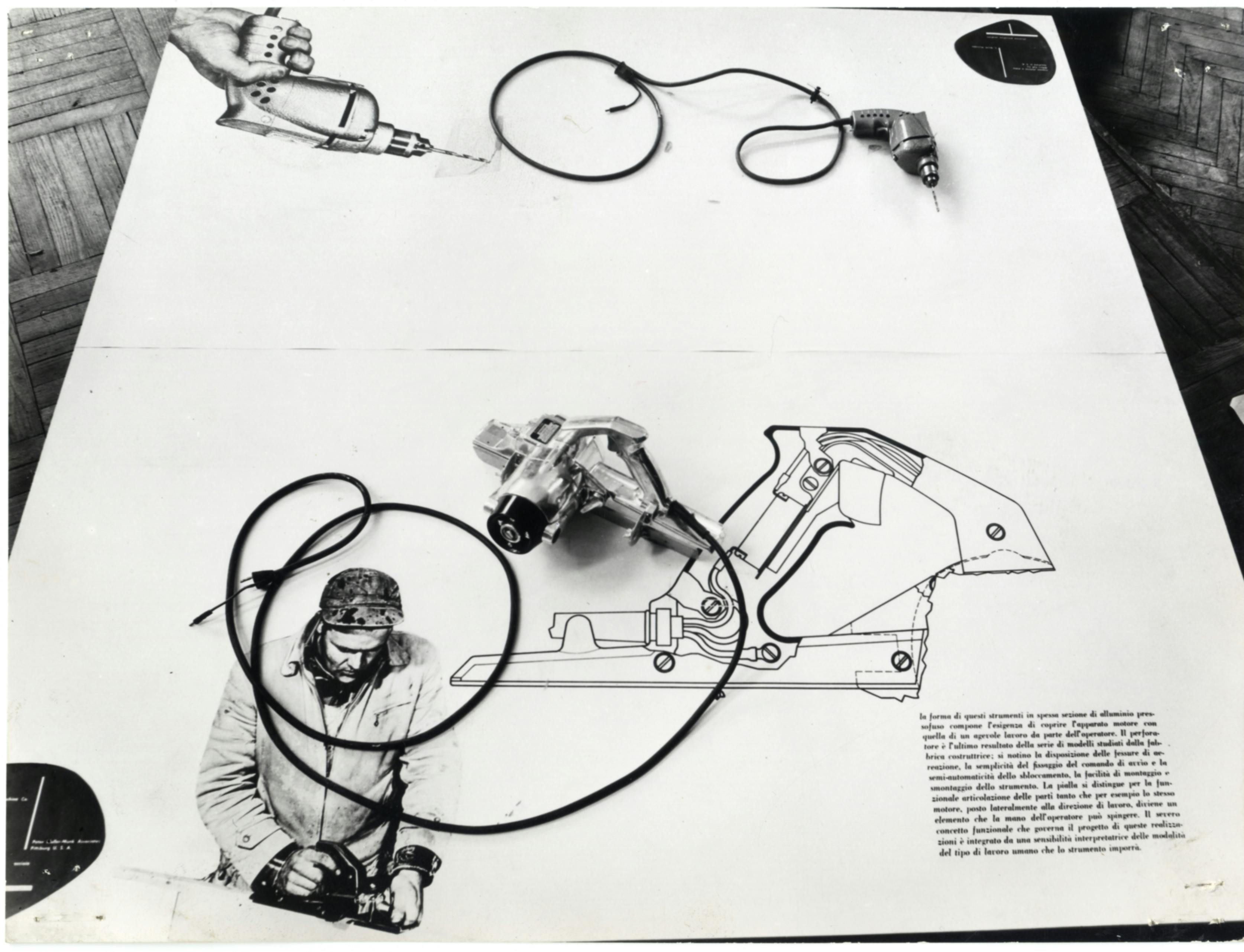 Trapano elettrico a mano, design di Leonard Garth Huxtable, produzione Miller Fall Co. Greefield (U.S.A.) esposto nella Mostra dell'industrial design. X Triennale, 1954. Foto Fotogramma © Triennale Milano