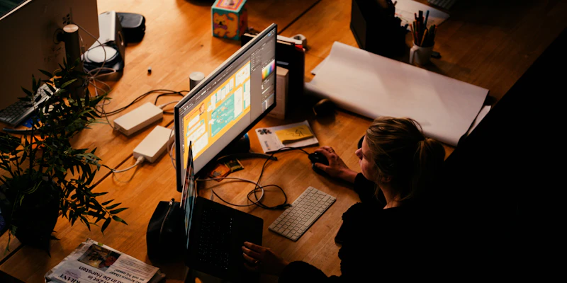Een vrouw is aan het werk achter een computer met een stapel papieren naast zich.