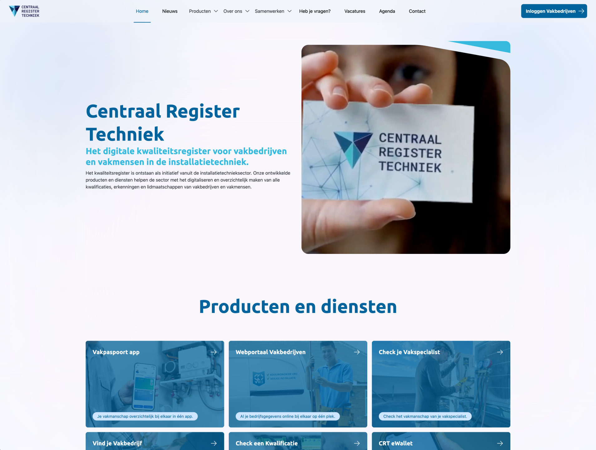 Een screenshot van de Centraal Register Techniek website