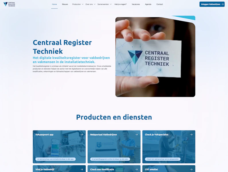 Een screenshot van de Centraal Register Techniek website