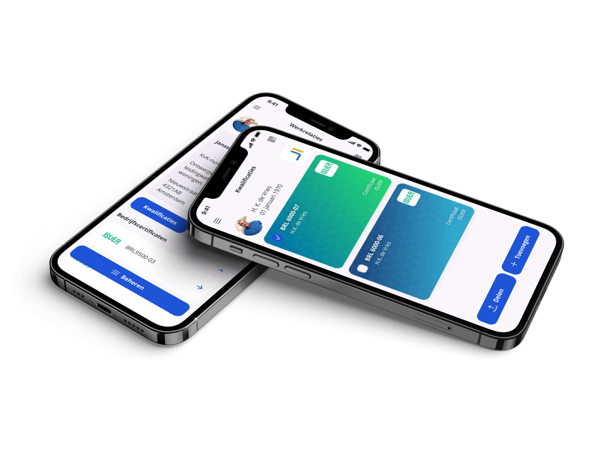 twee mobiele telefoons met daarop de Vakpaspoort app