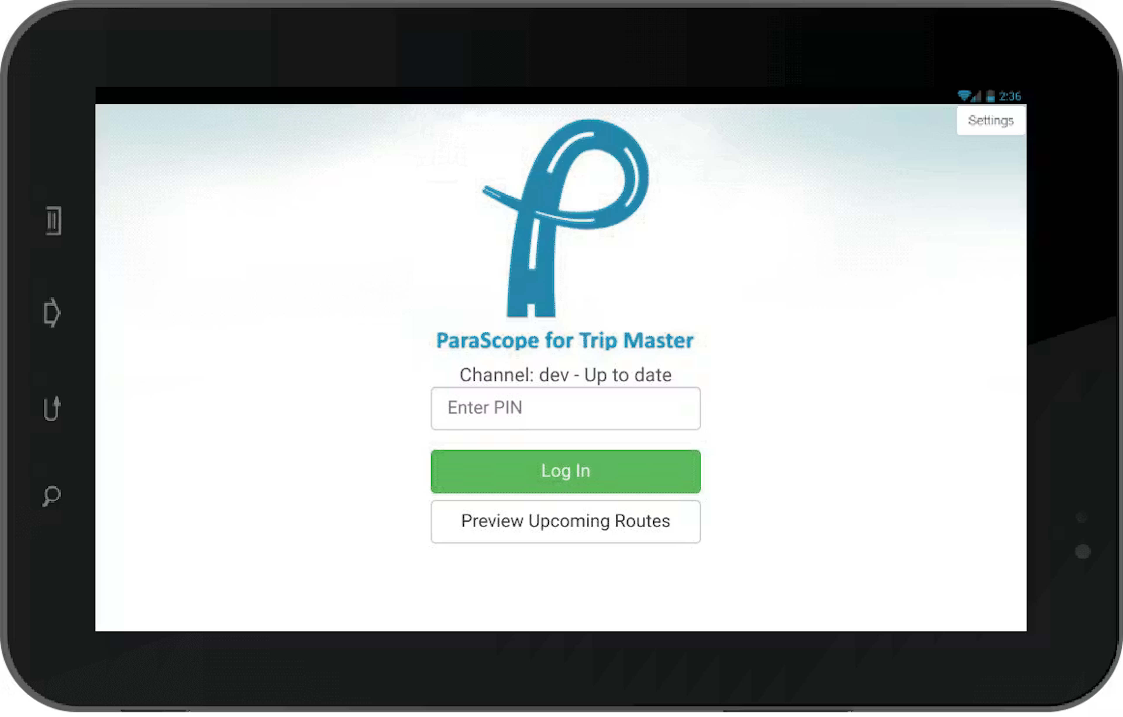 Tablet screen showing ParaScope for Trip Master login with PIN entry, log in, and preview routes options.