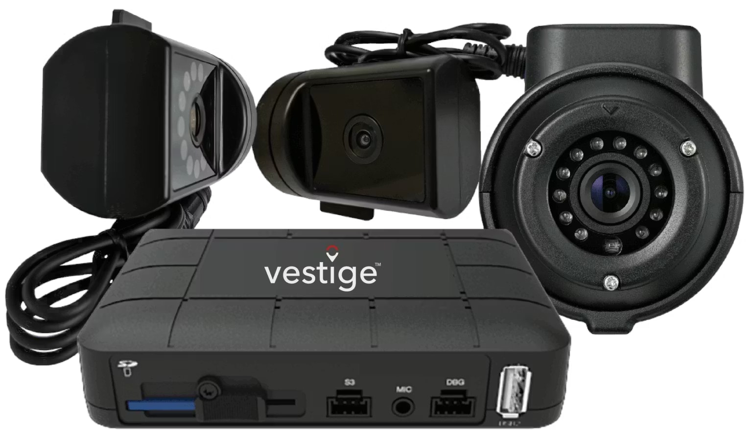 Set of Vestige vehicle cameras and recording hardware used for fleet monitoring and safety.