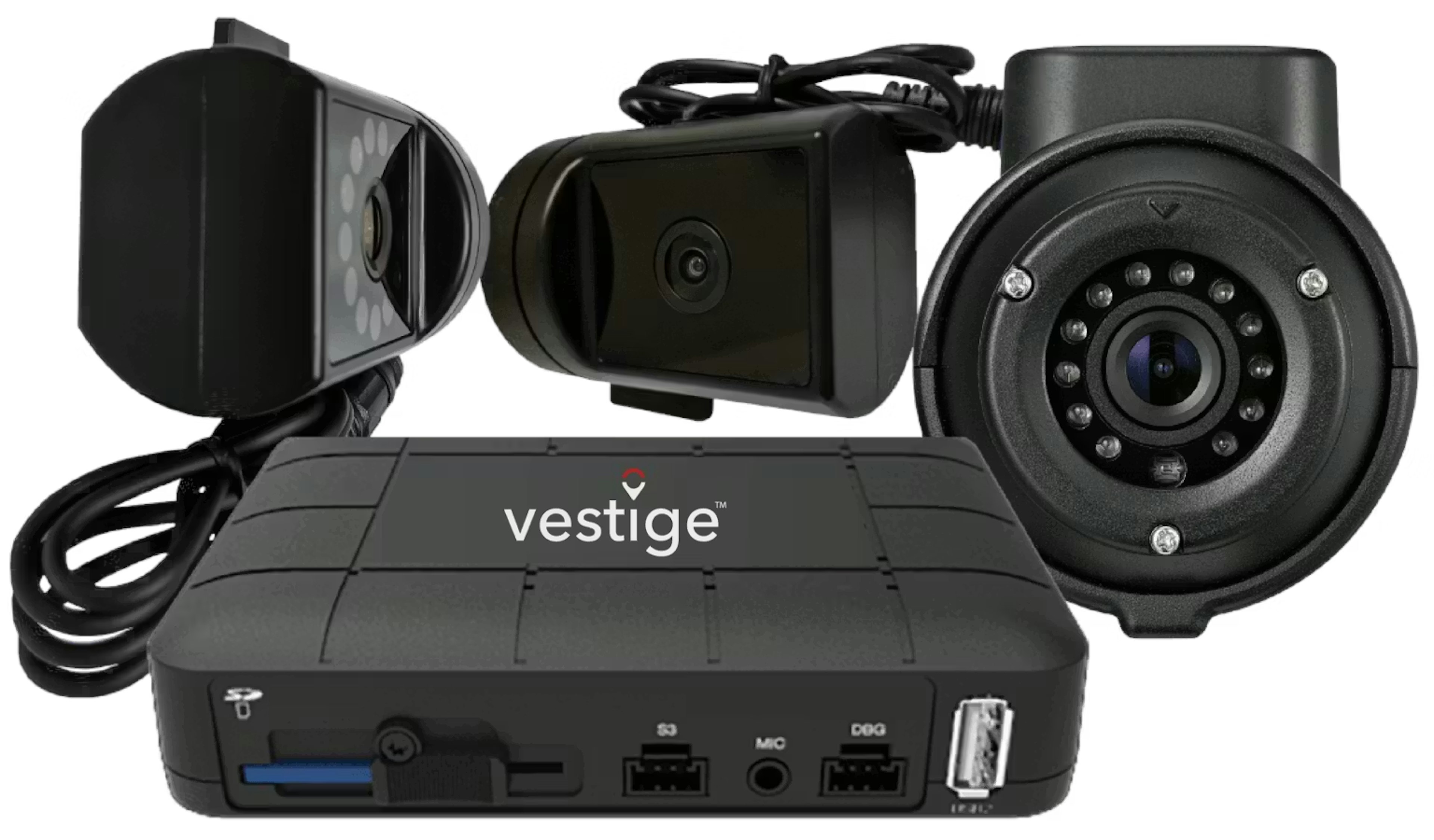 Set of Vestige vehicle cameras and recording hardware used for fleet monitoring and safety.