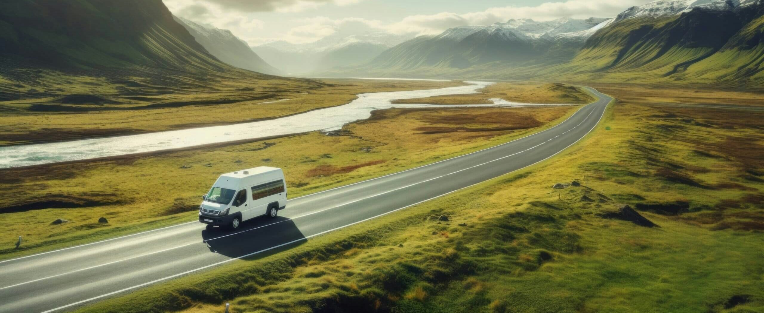 A campervan driving on a highway in Iceland.