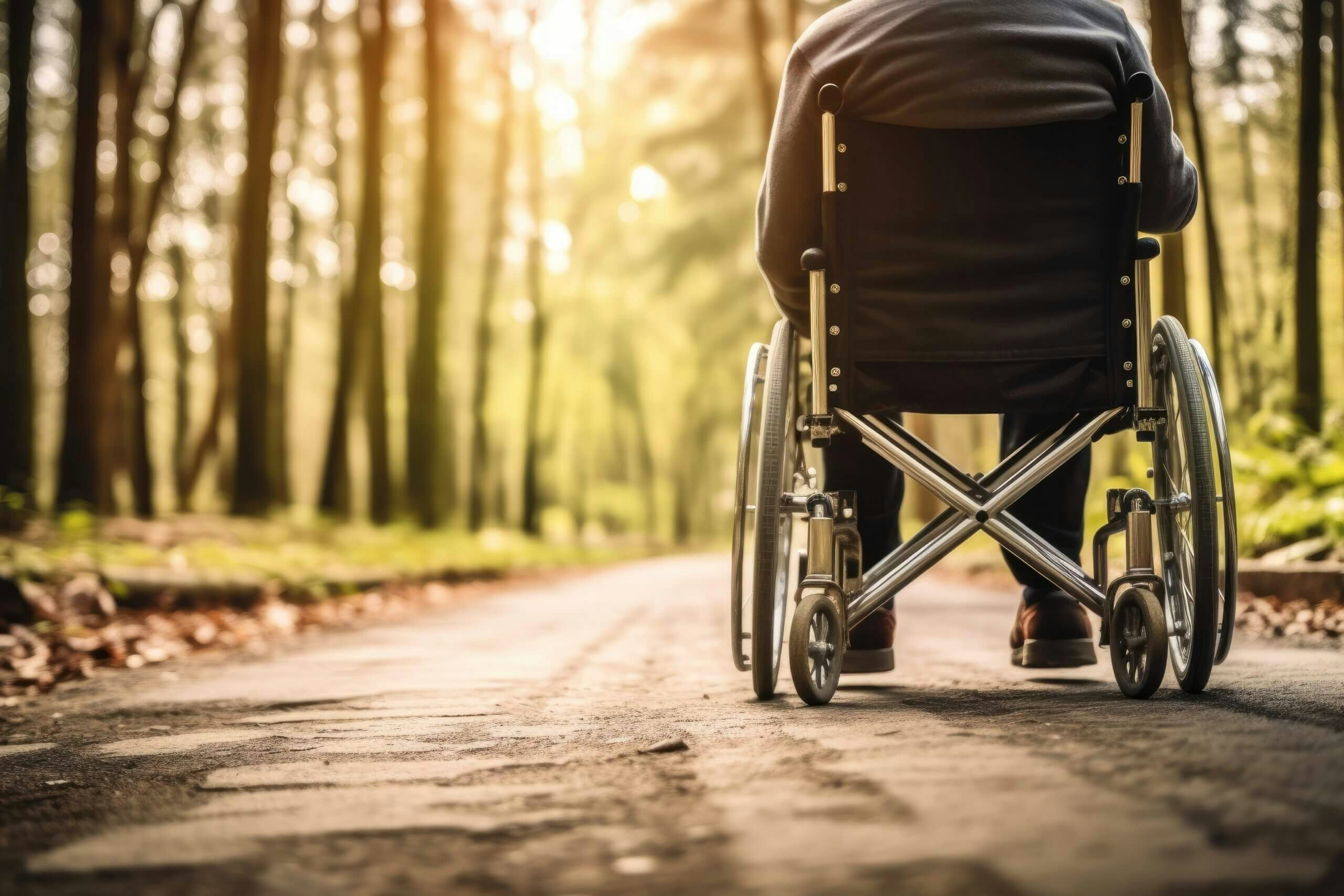 A person in a wheelchair on a path in the woods, Generative AI