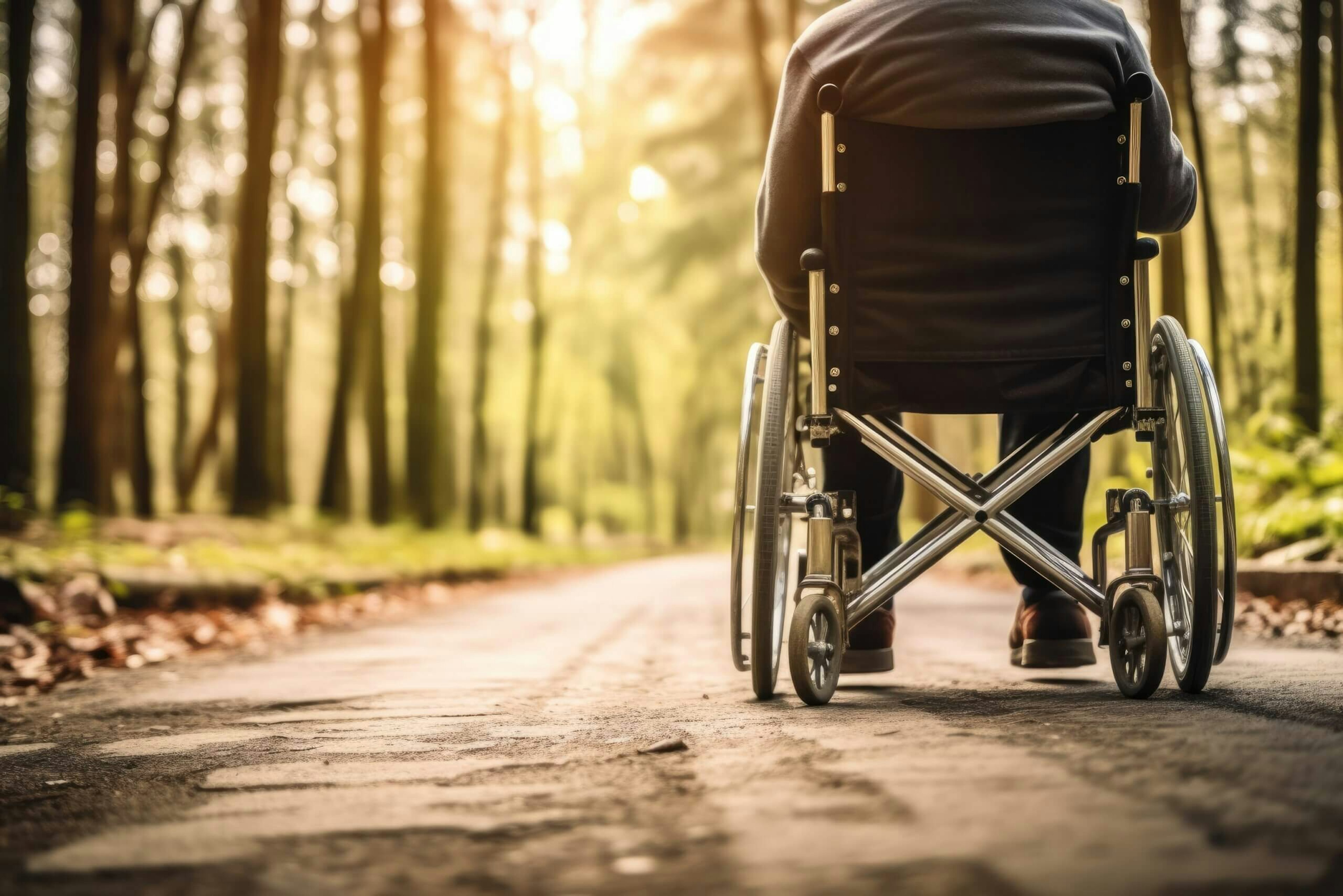 A person in a wheelchair on a path in the woods, Generative AI