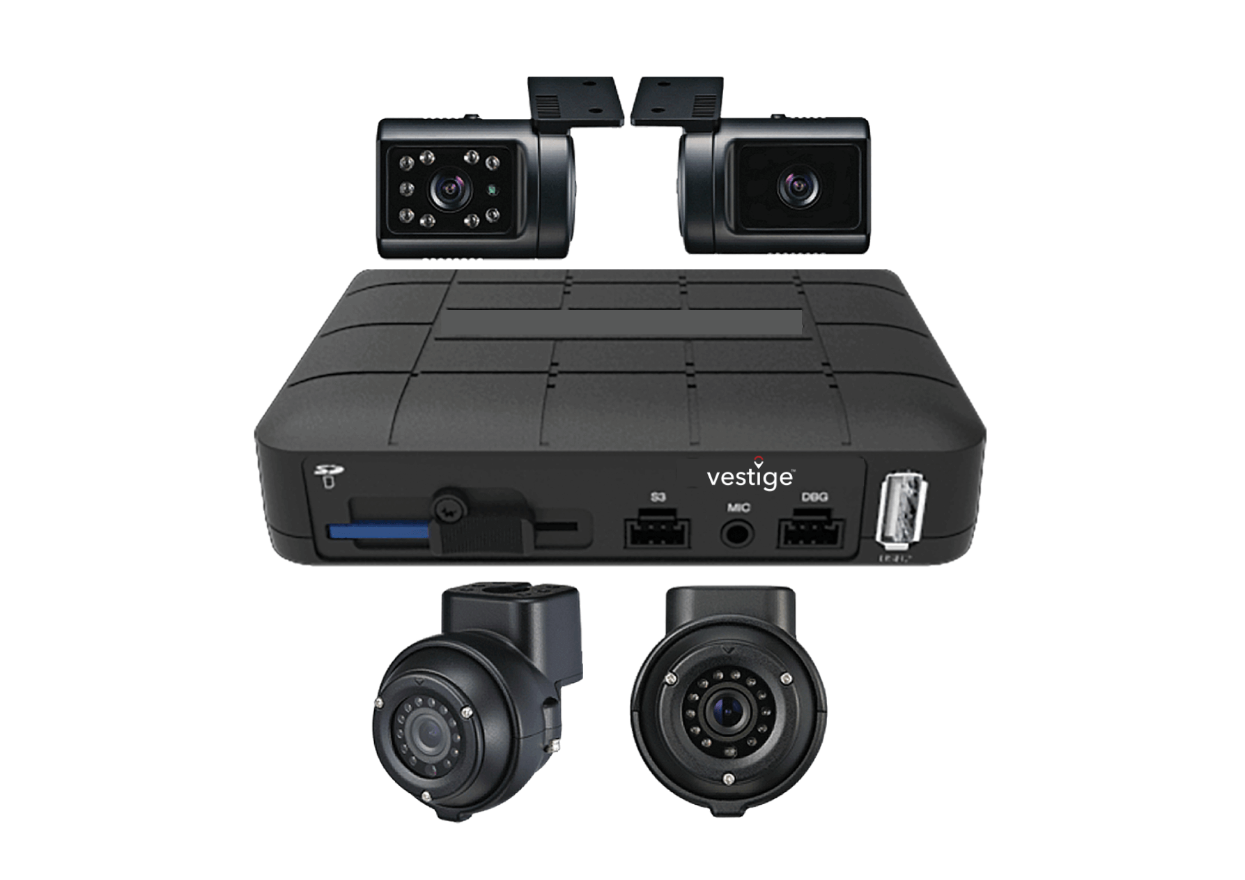 Vestige multi-camera hardware system for TripView, featuring wide-angle lenses, video and audio recording, and compact tamper-resistant design for fleet safety and monitoring.