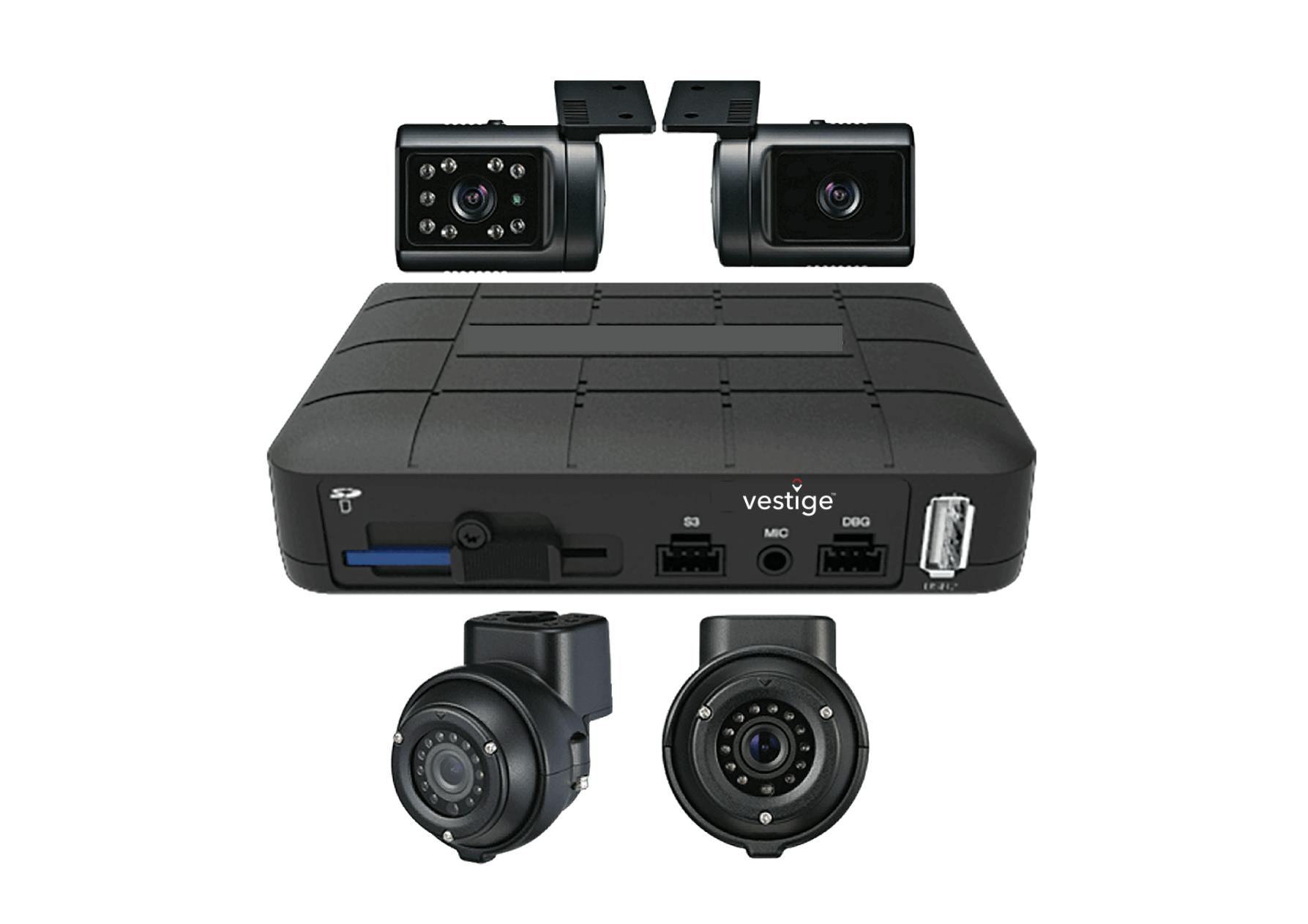 Vestige multi-camera hardware system for TripView, featuring wide-angle lenses, video and audio recording, and compact tamper-resistant design for fleet safety and monitoring.