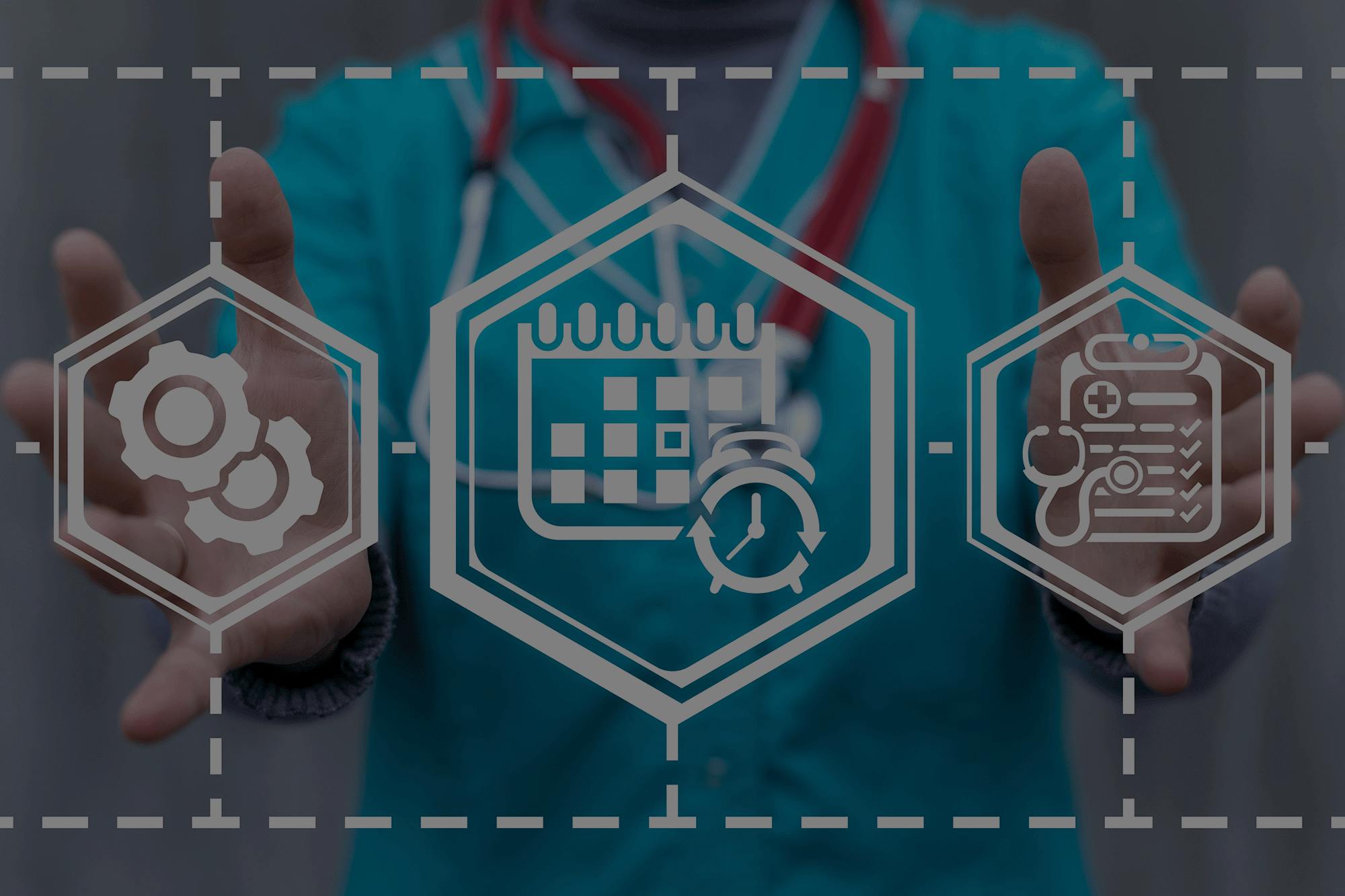 Doctore with healthcare related icons overlayed on top.