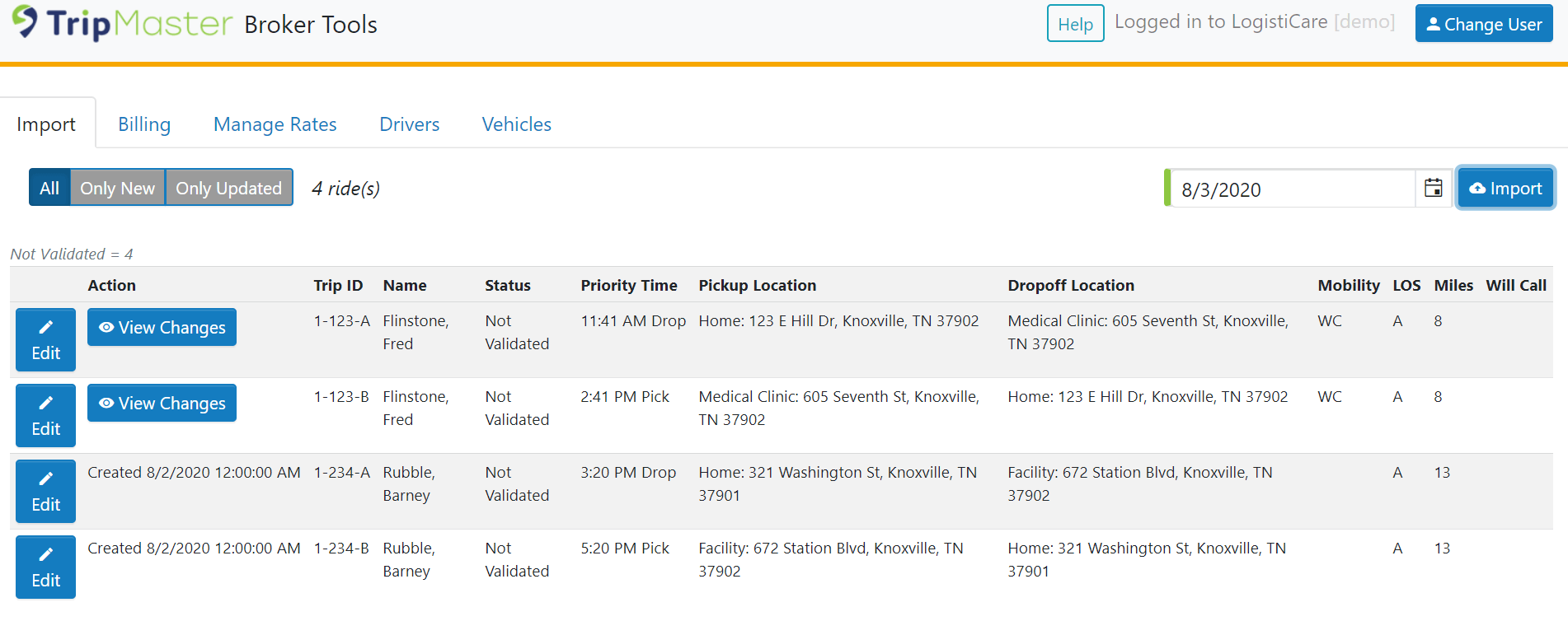 TripMaster Broker Tools dashboard showing trip import screen with ride details, pickup and drop-off locations, and status.