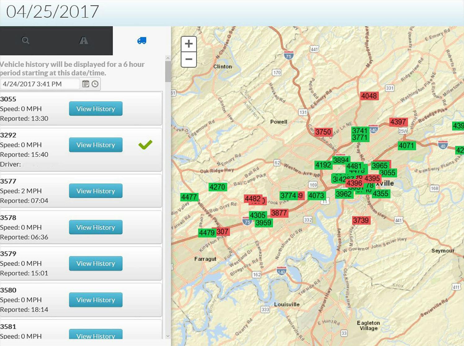 TripMaster Automated Vehicle Location map showing vehicles tracked in real time with status and history options.