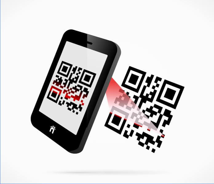 Illustration of a smartphone scanning a QR code with a red laser.