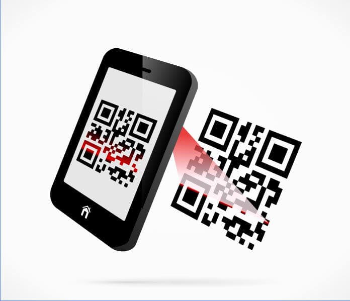Illustration of a smartphone scanning a QR code with a red laser.