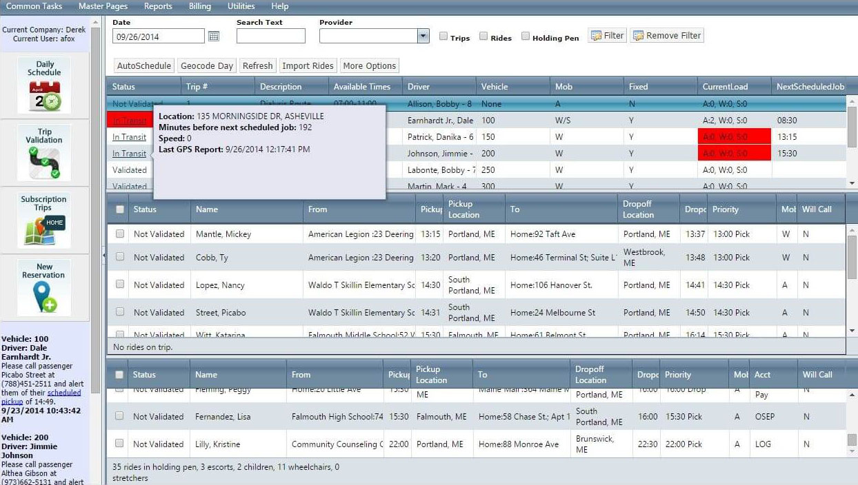 TripMaster dashboard with trip schedules, driver details, and pickup/drop-off locations.